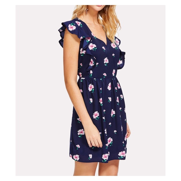 Blue Floral Ruffle Open Back Dress - Picture 4 of 5